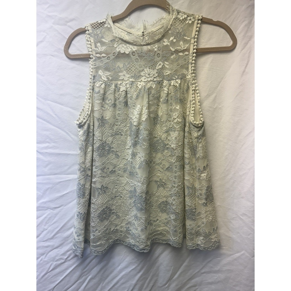 Altar'd State Lace Sleeveless‎ Top Cream Blue Floral Boho Pom Pom Trim Small